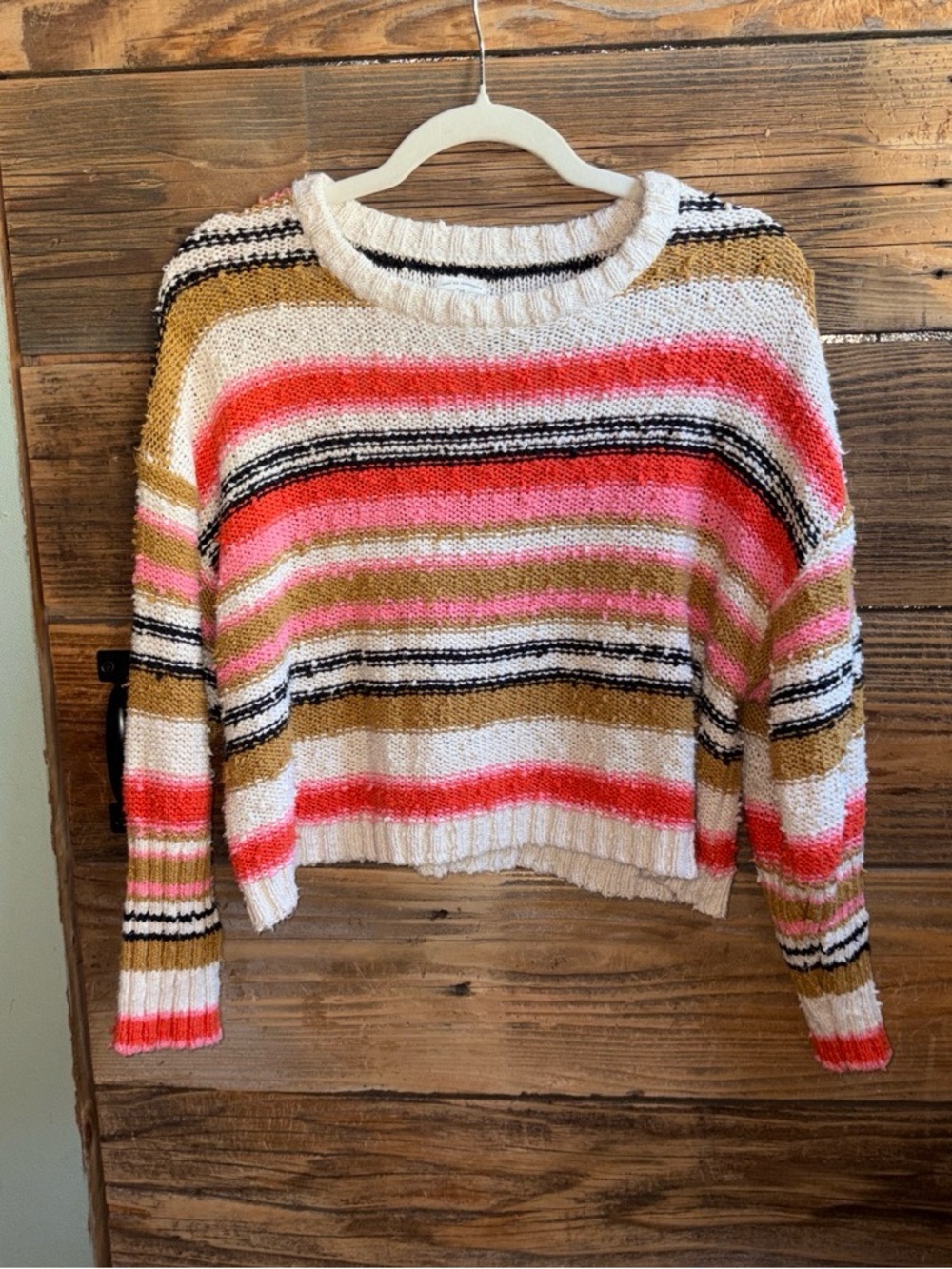 Billabong Striped Crewneck Sweater - White with Pink & Tan Stripes
